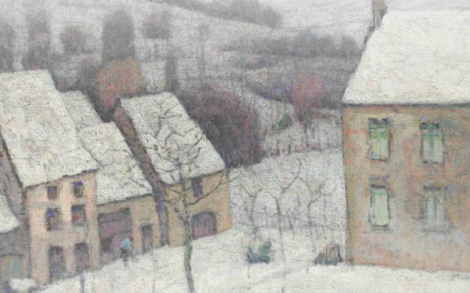 Pontilhado · A nova aba do Lumno com filtros diferentes sobre a mesma pintura de uma vila com neve