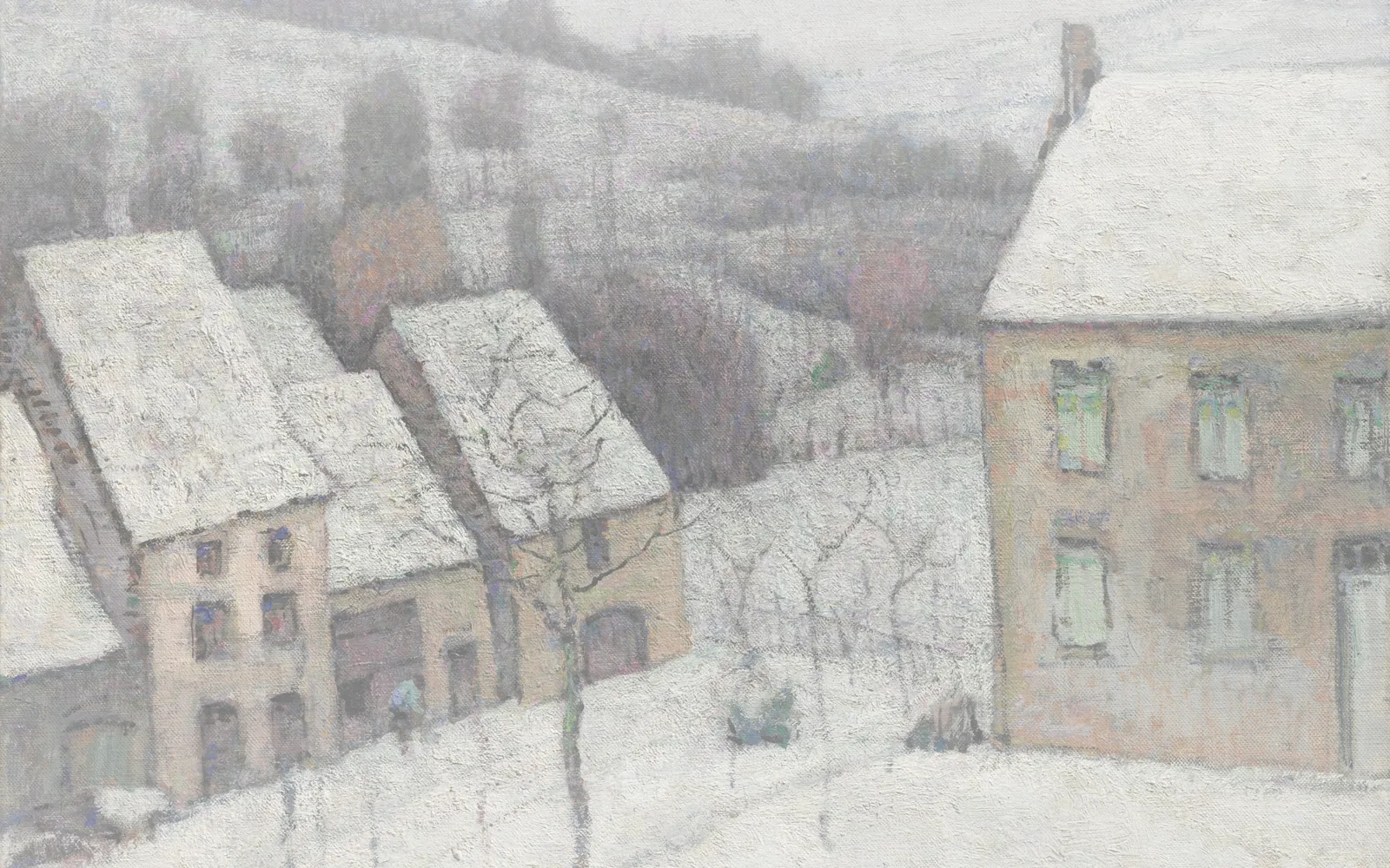 Granulado · A nova aba do Lumno com filtros diferentes sobre a mesma pintura de uma vila com neve