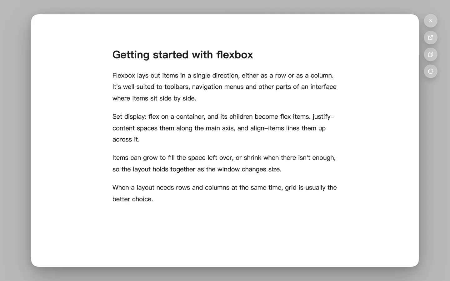 La page derrière, réduite et floutée en un fond gris, avec devant elle une petite fenêtre affichant un article sur flexbox et une colonne de boutons à sa droite