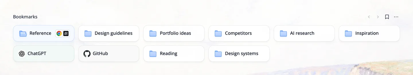 Der Lesezeichenbereich im neuen Tab: Ordner wie Reference, Design guidelines und Competitors sowie Lesezeichen für ChatGPT und GitHub. Der Ordner Reference unter dem Mauszeiger zeigt die Symbole der Websites darin