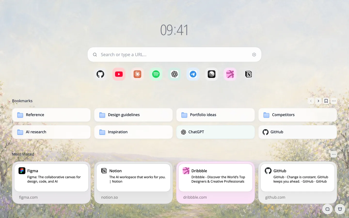 Der vollständige neue Tab: oben die Uhrzeit 09:41 und das Suchfeld, darunter eine Reihe Shortcuts, acht Lesezeichen und die meistbesuchten Seiten, dahinter ein impressionistischer Obstgarten