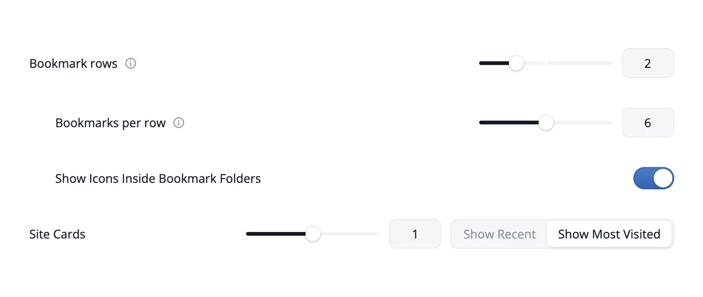 Четыре настройки Lumno: Bookmark rows, Bookmarks per row, Show Icons Inside Bookmark Folders и Site Cards; для Site Cards выбран один ряд самых посещаемых сайтов