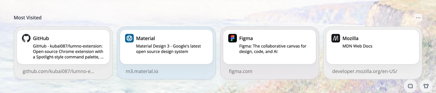 Карточки самых посещаемых сайтов внизу новой вкладки: GitHub, Material, Figma и Mozilla