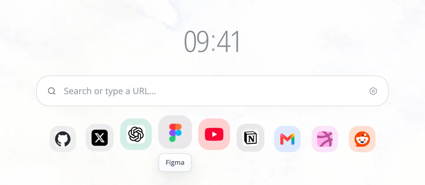 Eine Reihe Shortcut-Icons unter dem Suchfeld; das Figma-Icon unter dem Mauszeiger ist vergrößert und zeigt seinen Namen