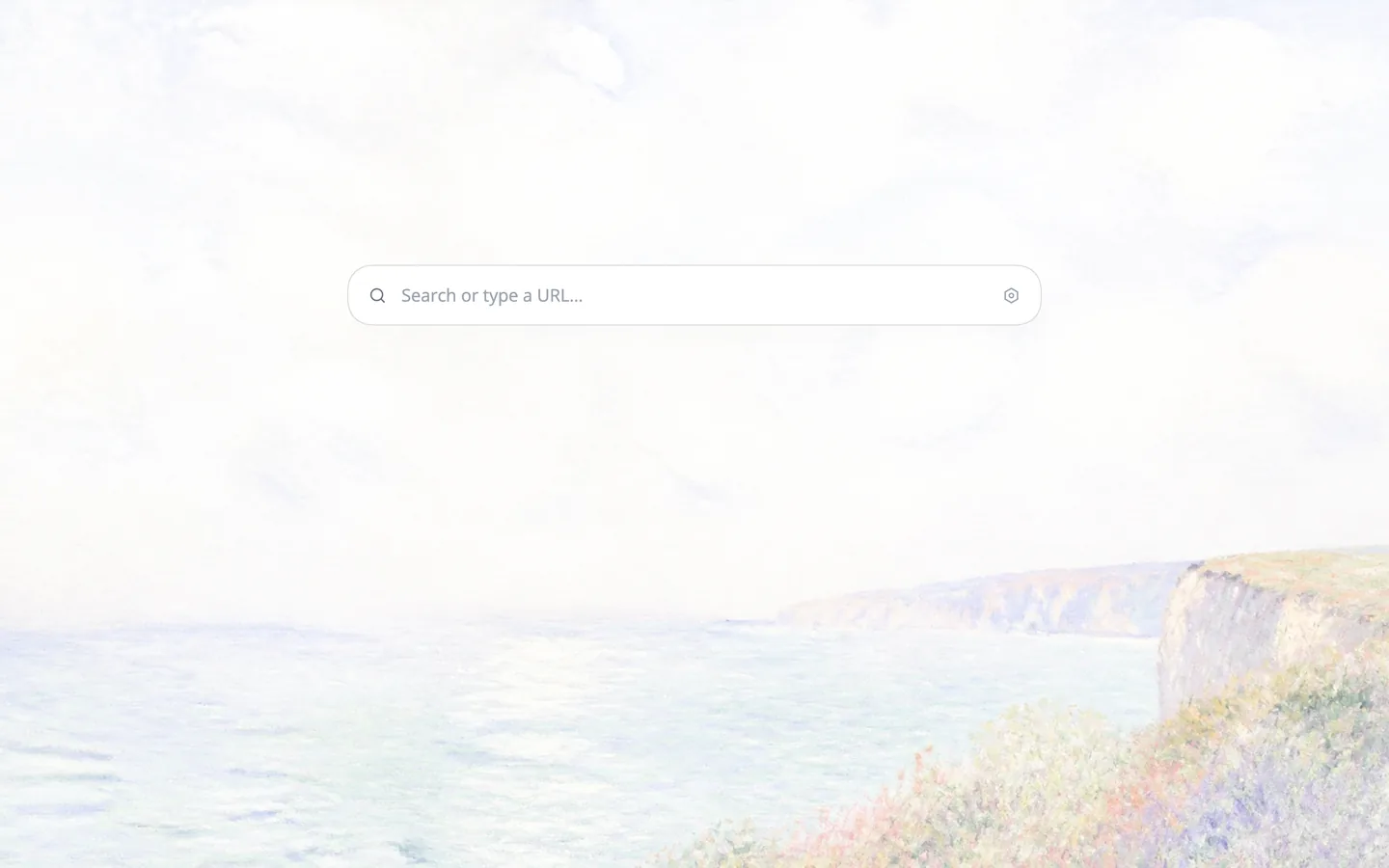 Zen 모드의 새 탭: 모네의 해안 풍경 위에 검색창만 남아 있다