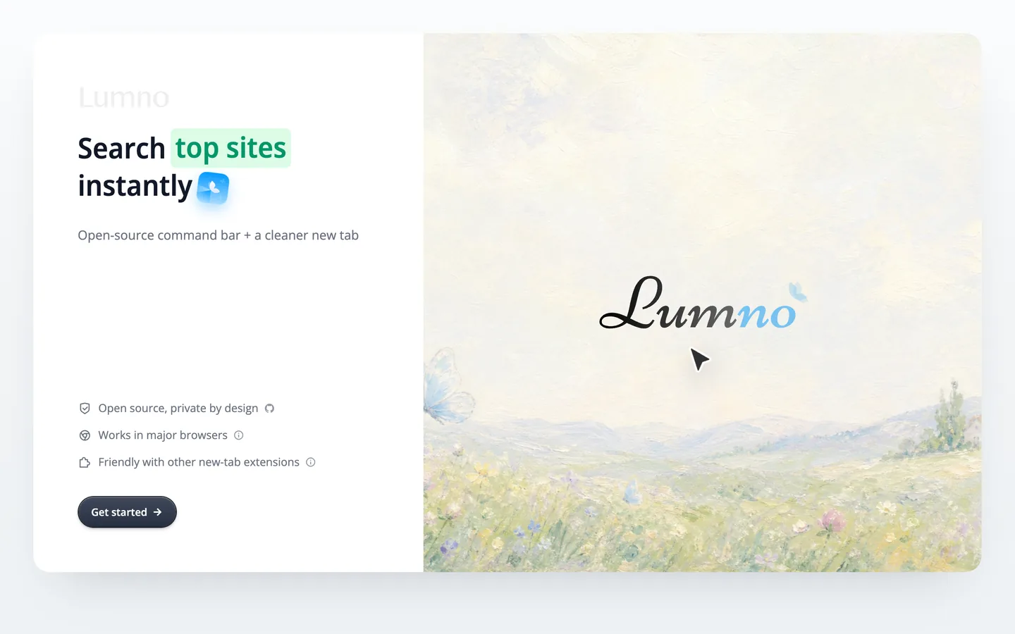 Lumnos Willkommensseite: links Slogan und Funktionen, rechts der Lumno-Schriftzug über einer Wiese