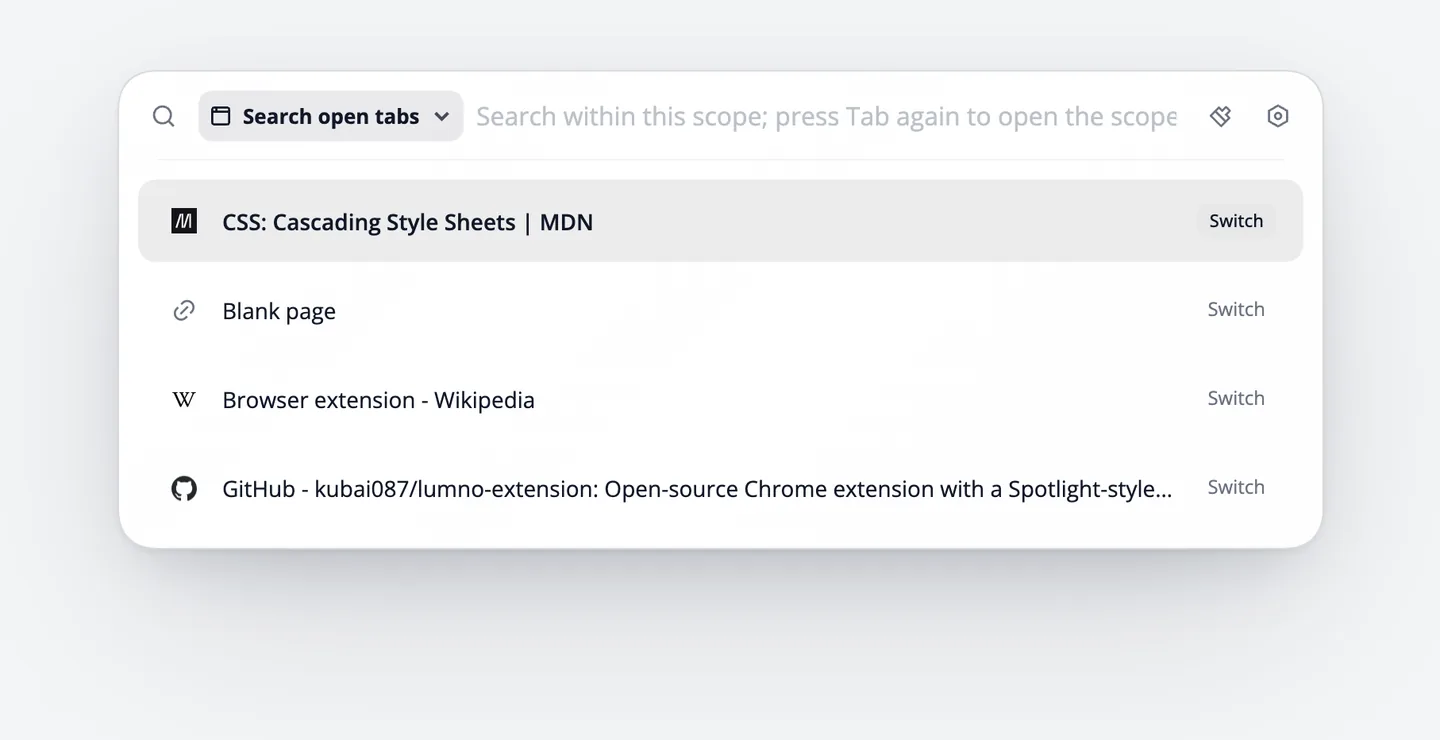 Das Suchfeld zeigt links „Search open tabs“, darunter nur die gerade offenen Tabs