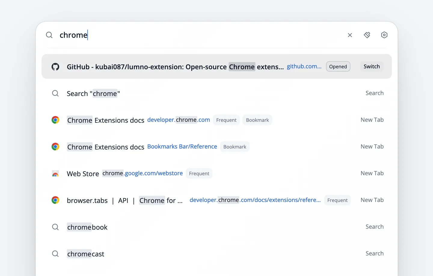 Lumnos Befehlsleiste auf einer leeren Seite: Die Eingabe chrome zeigt einen offenen GitHub-Tab, Suchvorschläge, ein Lesezeichen und meistbesuchte Seiten