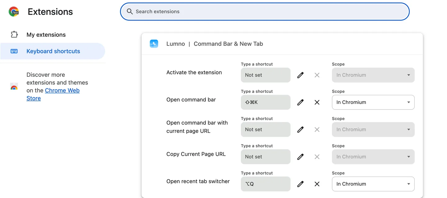 Die Seite für Erweiterungs-Tastenkürzel im Browser: Lumnos „Open command bar“ steht auf ⇧⌘K, „Open recent tab switcher“ auf ⌥Q