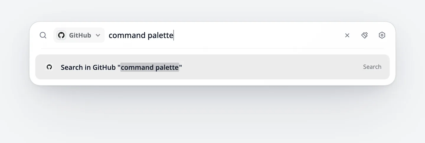 Das Suchfeld zeigt links GitHub; nach der Eingabe command palette wird angeboten, GitHub nach command palette zu durchsuchen