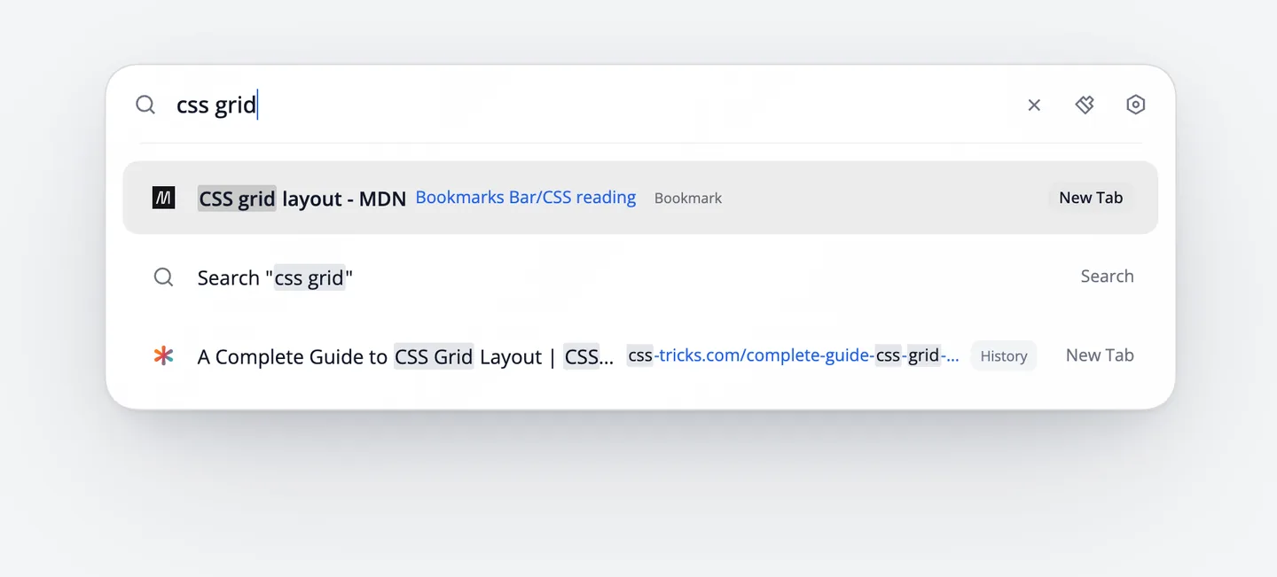 Die Eingabe css grid findet eine Seite aus dem Verlauf und eine MDN-Seite im Lesezeichenordner CSS reading