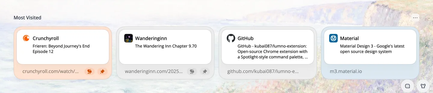 Websitekarten unten im neuen Tab: angeheftete Karten für Crunchyroll und Wandering Inn mit Radarsymbol, daneben GitHub und Material