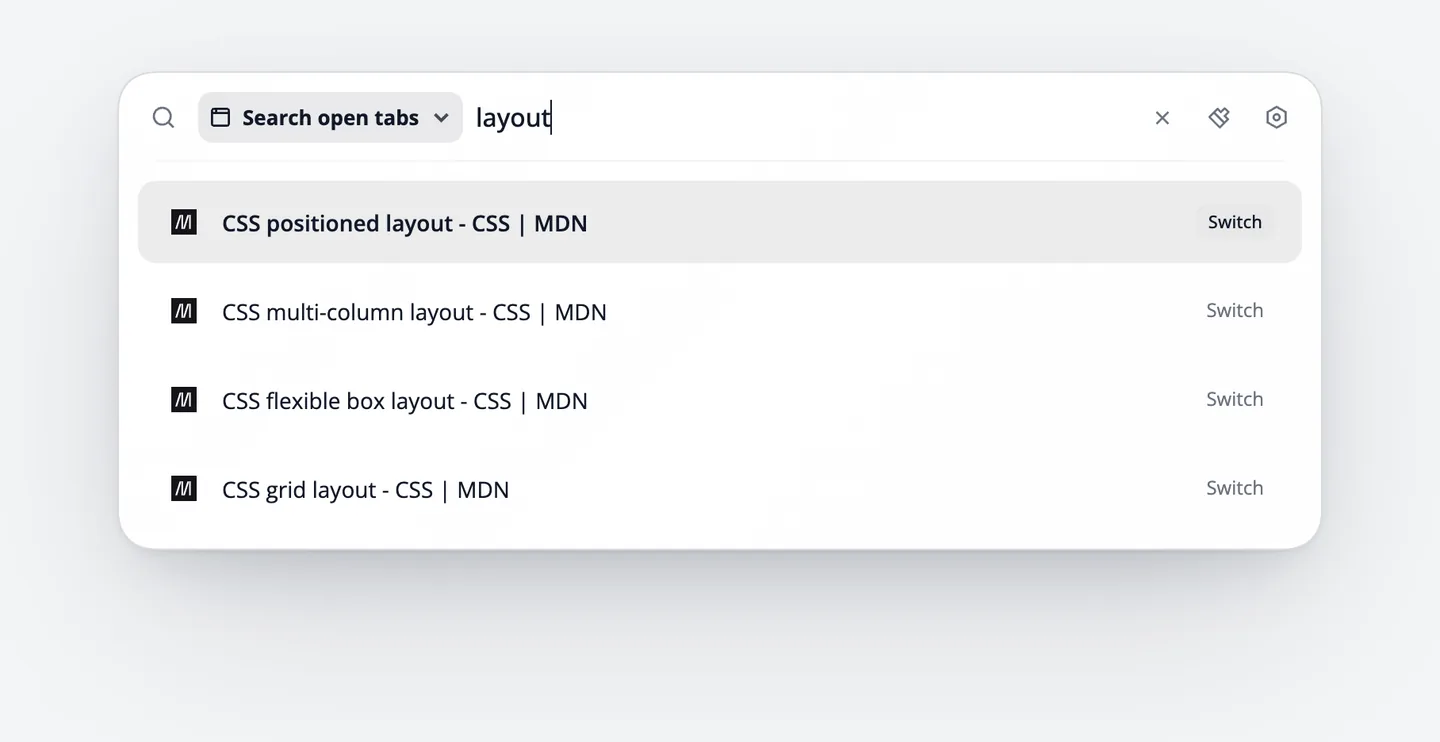 Die Befehlsleiste im Modus „Search open tabs“: Die Eingabe layout listet vier offene MDN-Tabs mit layout im Titel, jeweils mit Switch auf der rechten Seite