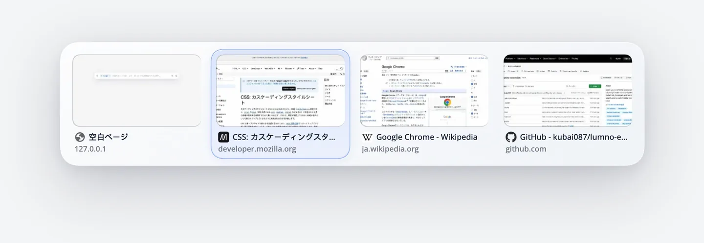 最近のタブ切り替え。4 つのタブが使った順にプレビュー付きで並ぶ