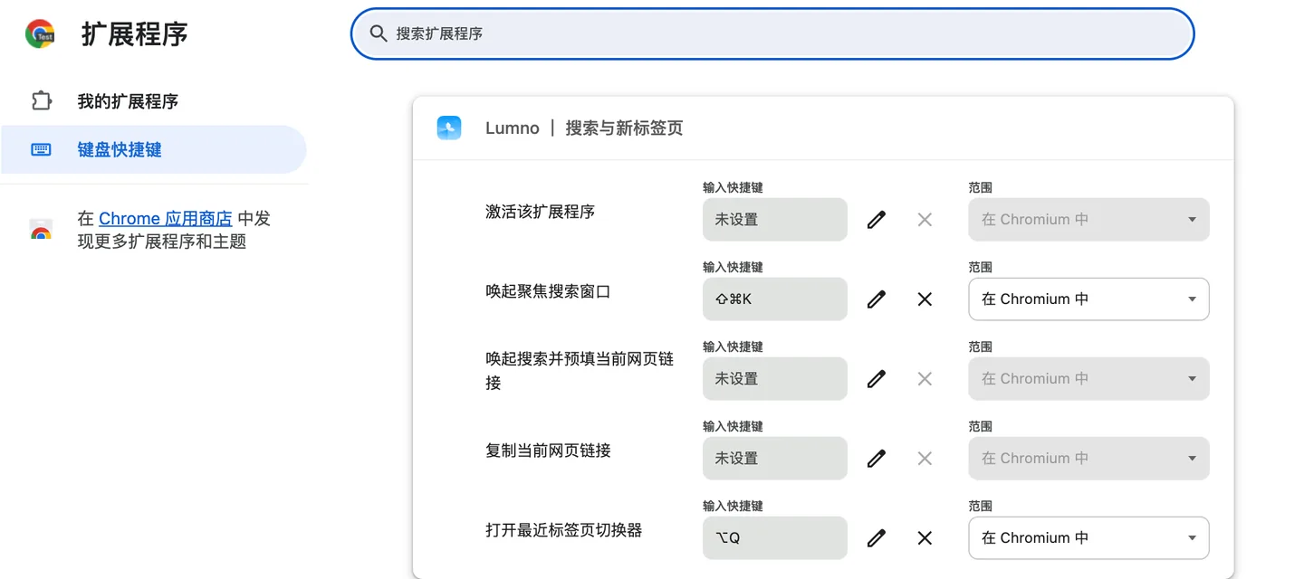浏览器的扩展快捷键页面，Lumno 的“唤起聚焦搜索窗口”为 ⇧⌘K，“打开最近标签页切换器”为 ⌥Q