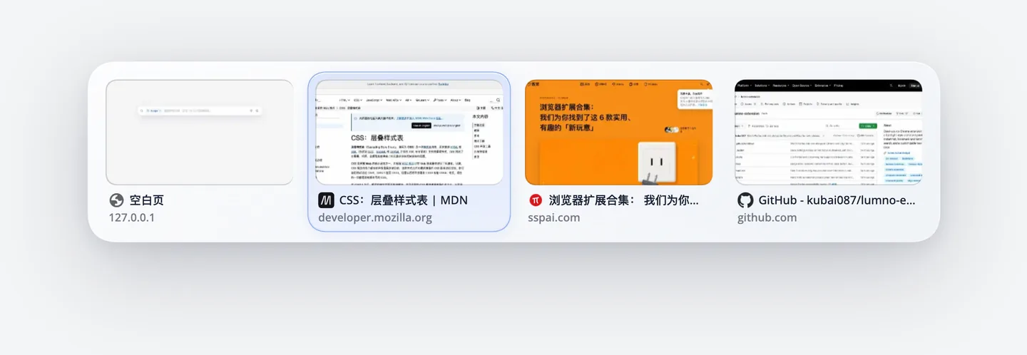 最近标签页切换器，按使用顺序列出四个标签页，每个都有页面预览