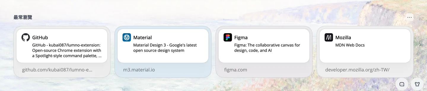 新分頁底端的最常瀏覽卡片：GitHub、Material、Figma 和 Mozilla